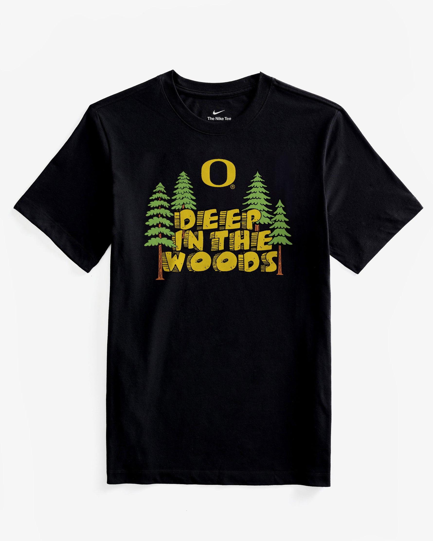 Black t-shirt with 'Deep in the Woods' graphic design on a white background