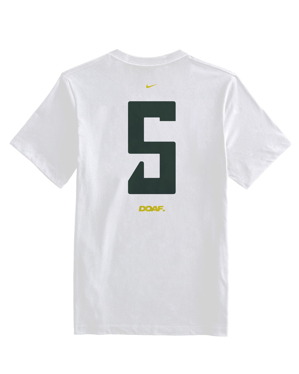 White t-shirt with black number 5 and yellow DOAF logo on the back.