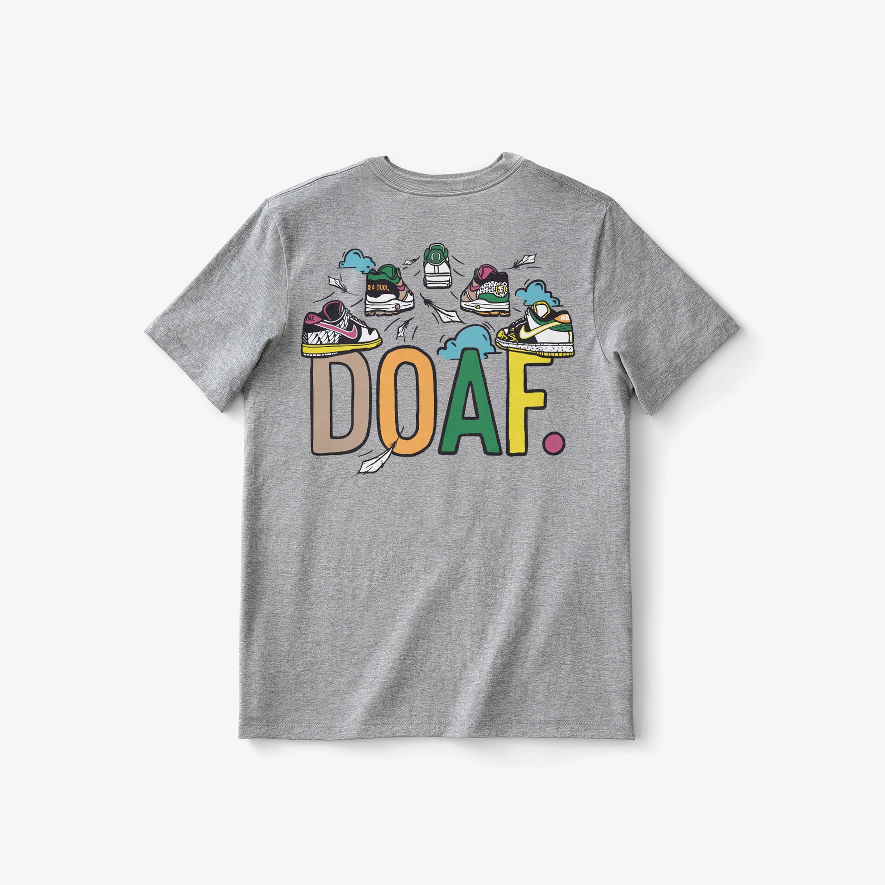 Gray t-shirt with colorful sneaker graphic and 'DOAF' text on a white background