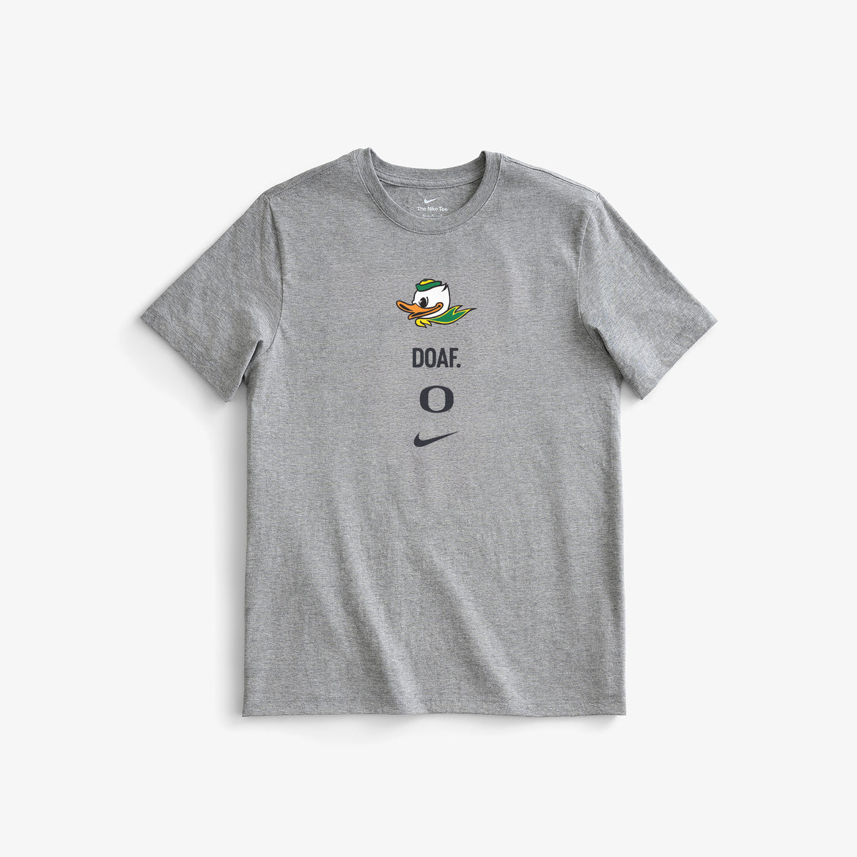 Gray t-shirt with a Oregon duck logo and DOAF, NIKE Swoosh branding