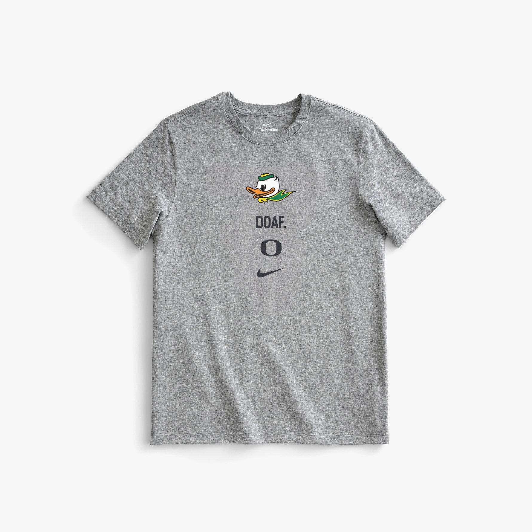 Gray t-shirt with a Oregon duck logo and DOAF, NIKE Swoosh branding