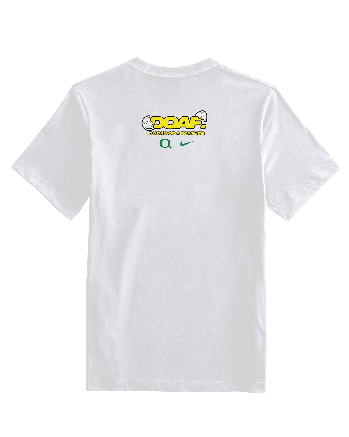 White t-shirt with a DOAF logo on the back against a white background