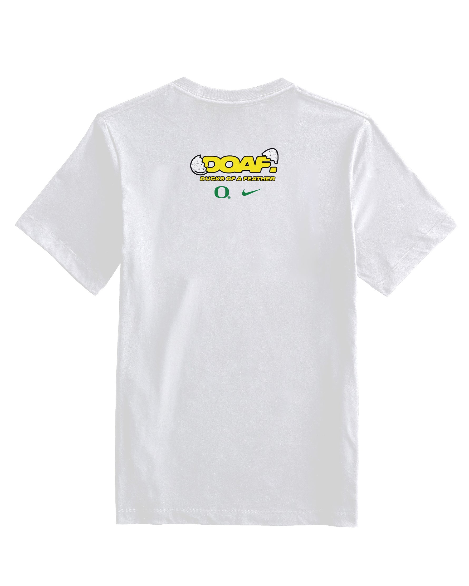 White t-shirt with a DOAF logo on the back against a white background