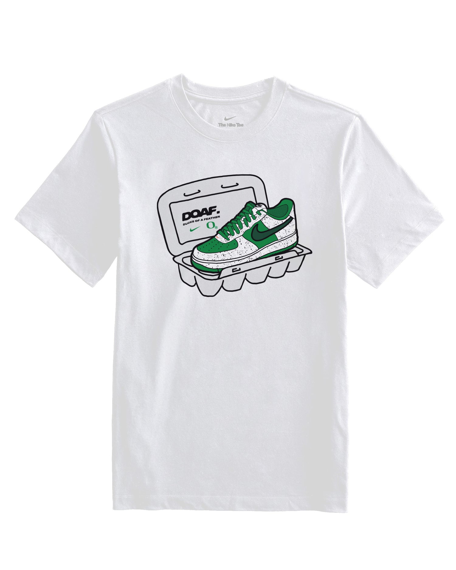 White t-shirt with green sneakers graphic and 'DOAF' branding on a white background