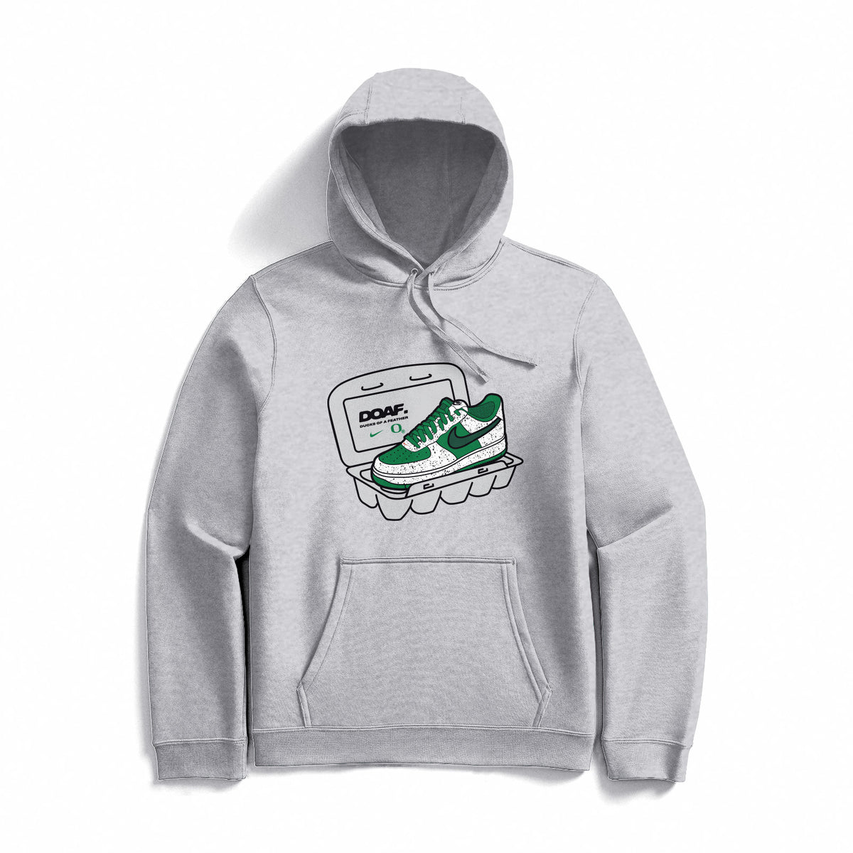 Gray DOAF hoodie with green sneakers graphic in an egg carton on a white background. 