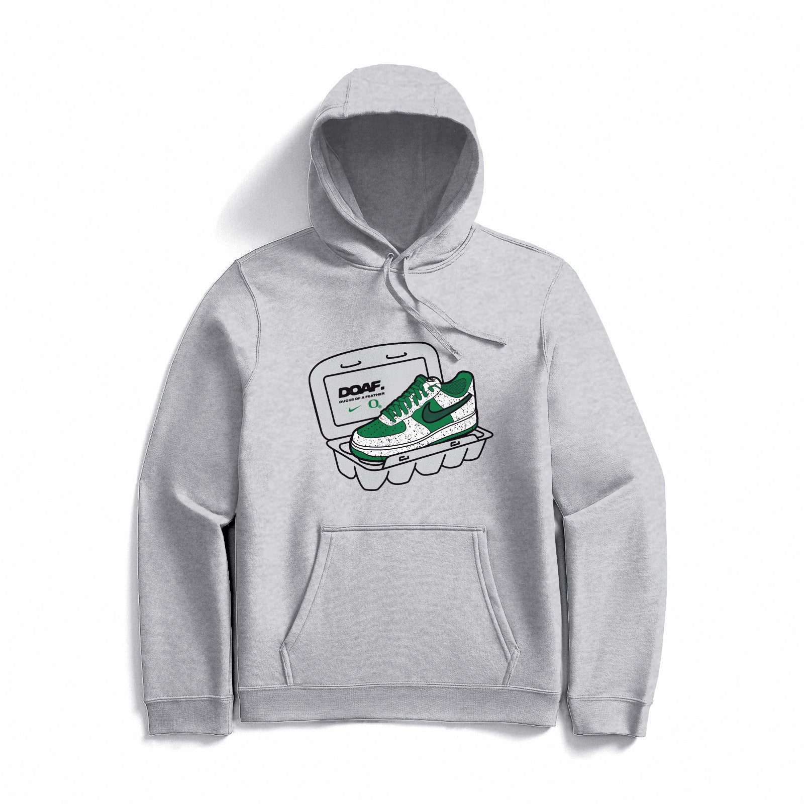 Gray DOAF hoodie with green sneakers graphic in an egg carton on a white background. 