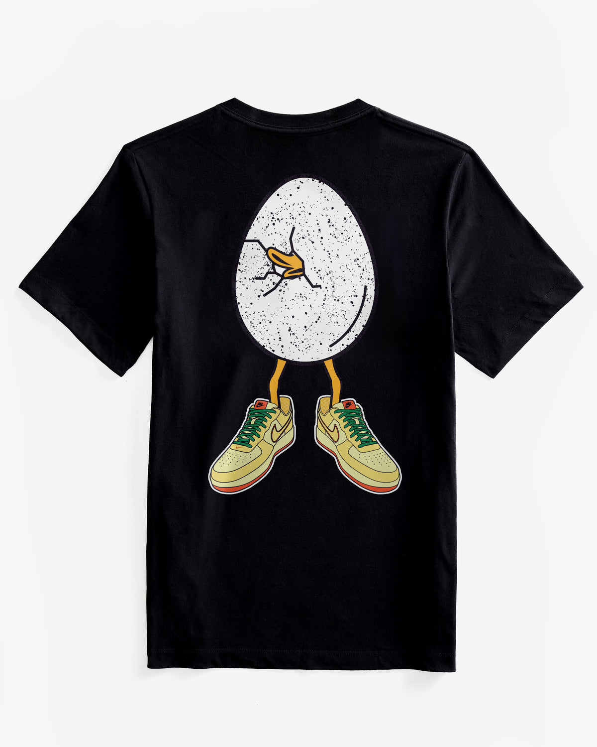 DOAF Hatched Heat Collection Black tee with duck hatching out of an egg wearing the Duck vs. Egg shoe drop.  