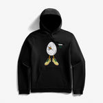 DOAF Hatched Heat Collection Black hoodie with duck hatching out of an egg wearing the Duck vs. Egg shoe drop.  