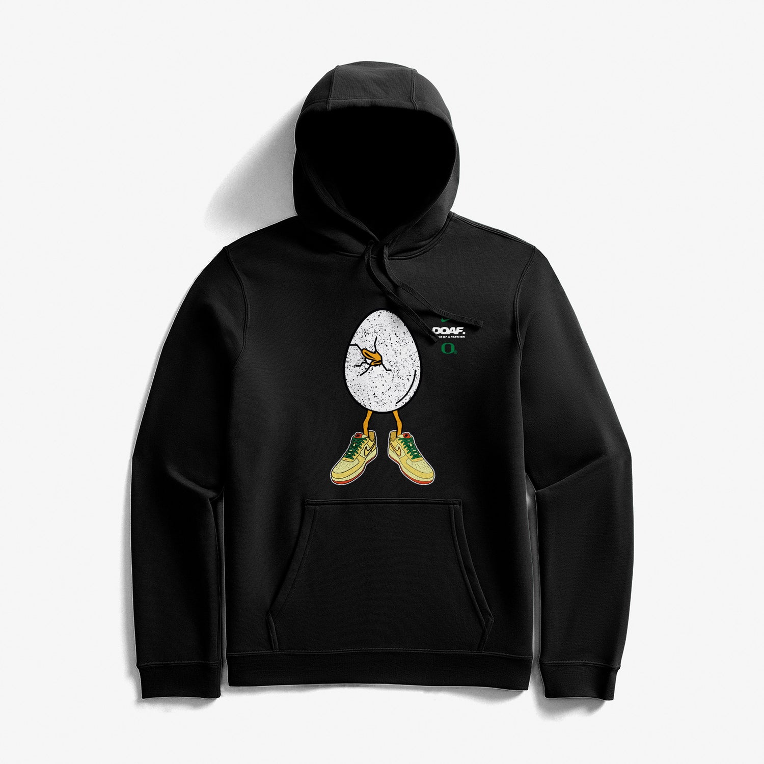 DOAF Hatched Heat Collection Black hoodie with duck hatching out of an egg wearing the Duck vs. Egg shoe drop.  