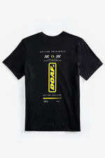 Black t-shirt with yellow DOAF logo and white checkered graphics on a white background