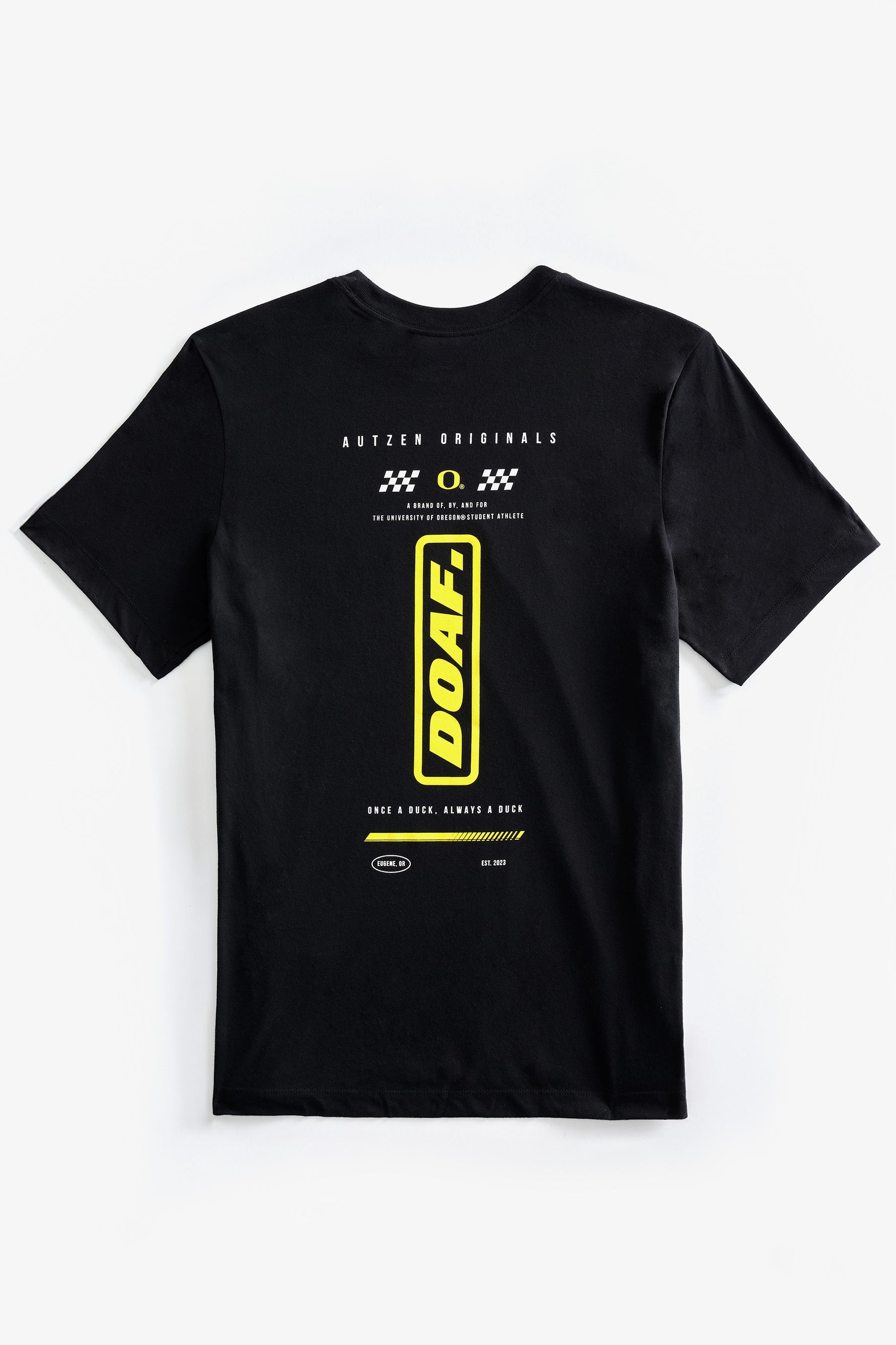 Black t-shirt with yellow DOAF logo and white checkered graphics on a white background