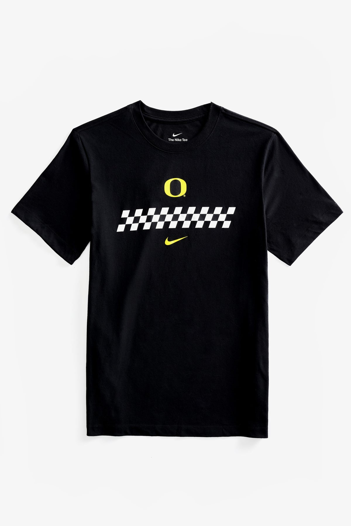 Black DOAF Speedway t-shirt with checker design and yellow logos on a white background.