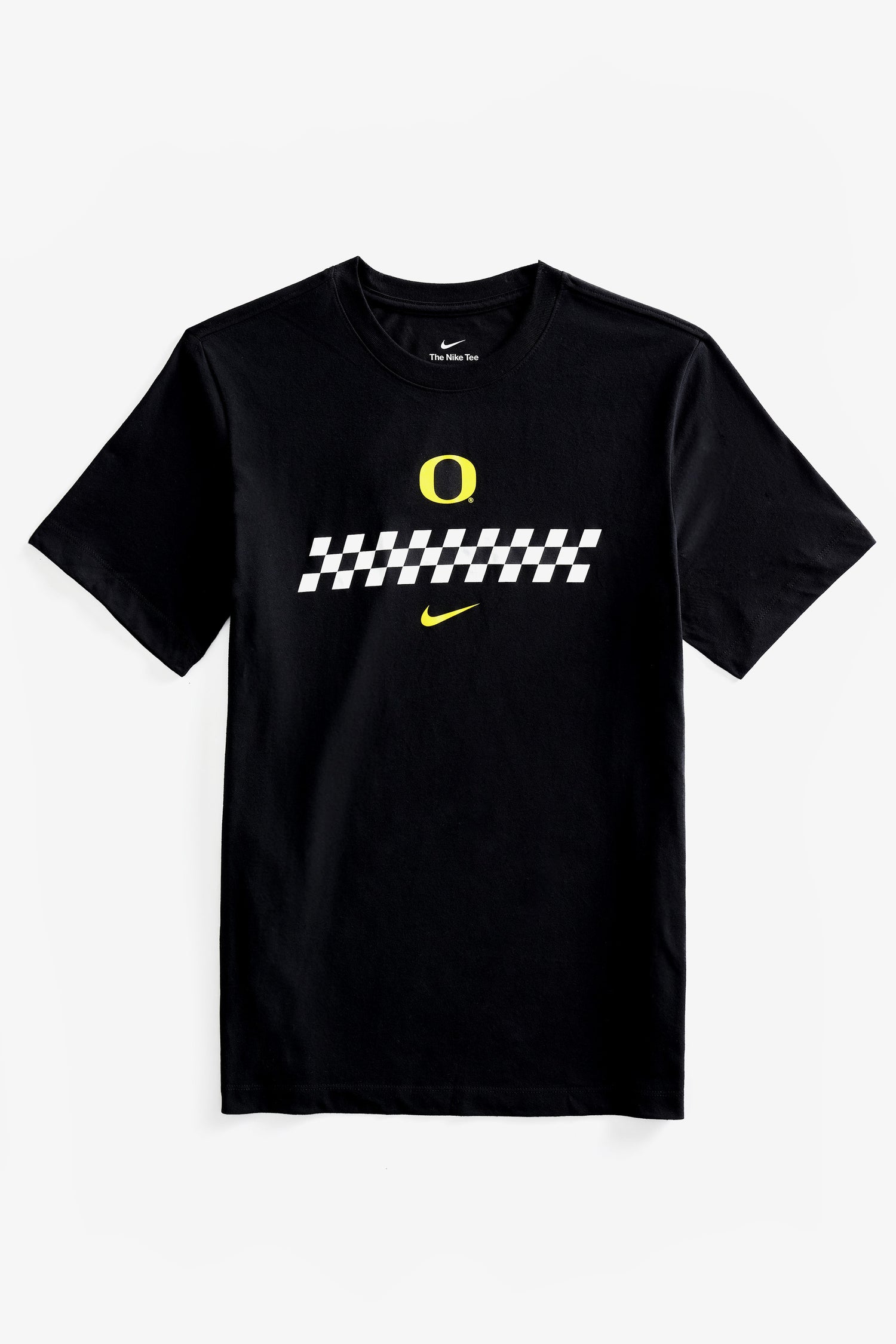 Black DOAF Speedway t-shirt with checker design and yellow logos on a white background.