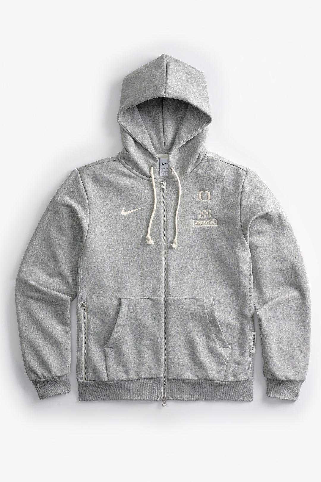 Gray Speedway zip up hoodie with DOAF logo on a white background