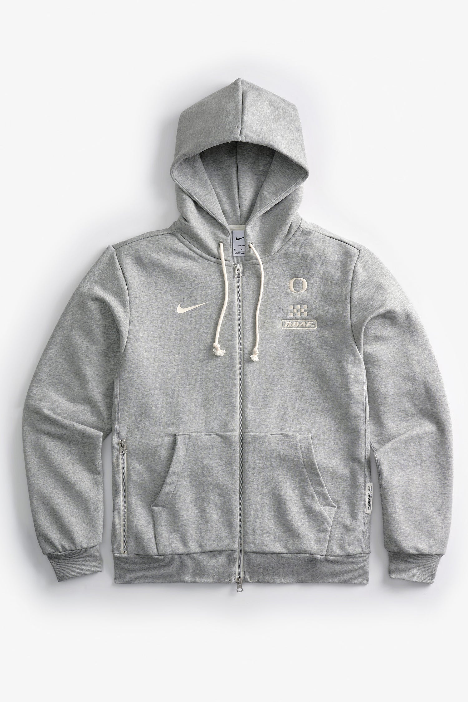 Gray Speedway zip up hoodie with DOAF logo on a white background
