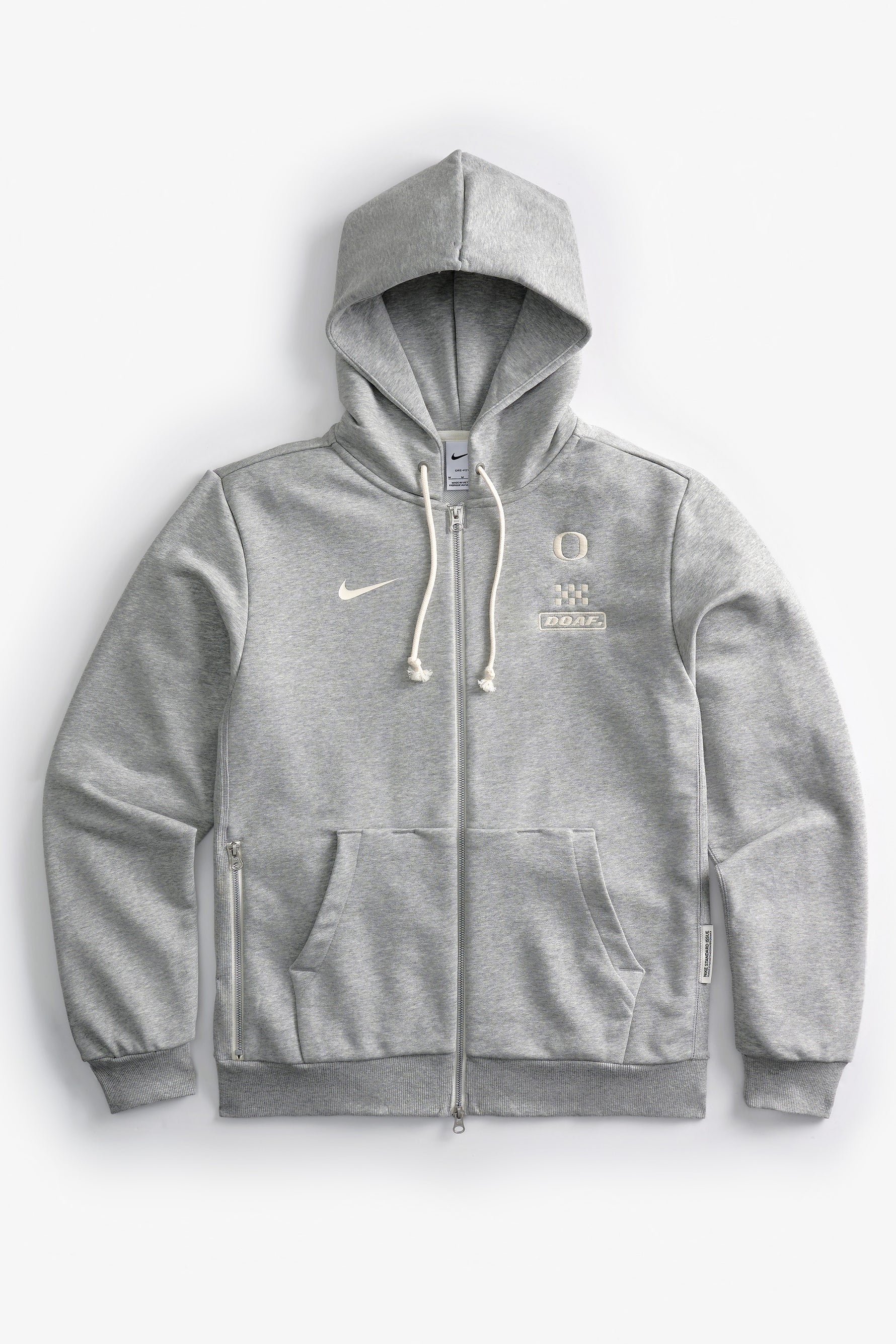 Gray Speedway zip up hoodie with DOAF logo on a white background