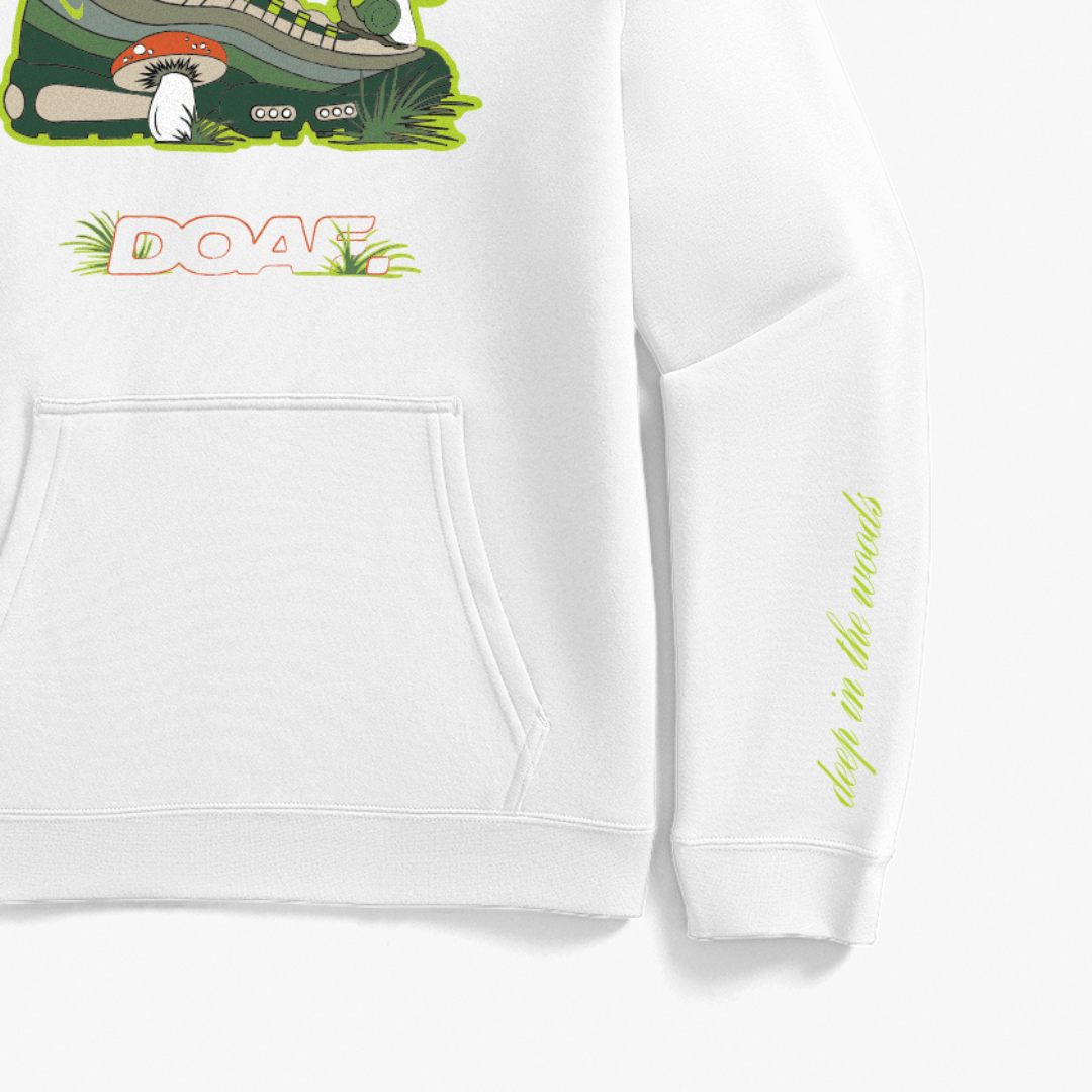 White hoodie with graphic design and text on a white background