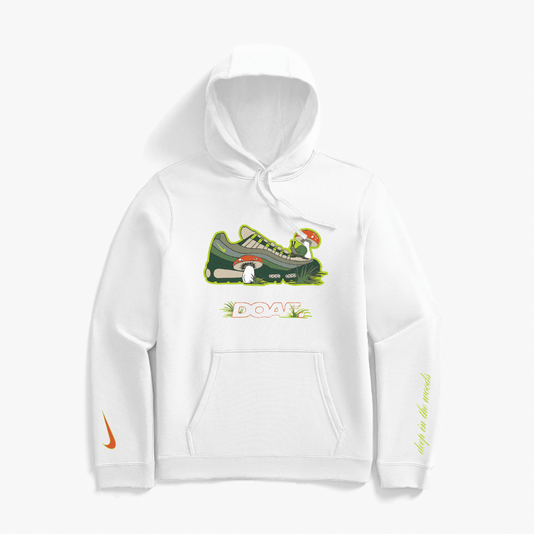White hoodie with a sneaker and DOAF logo 