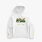 White hoodie with a sneaker and DOAF logo 