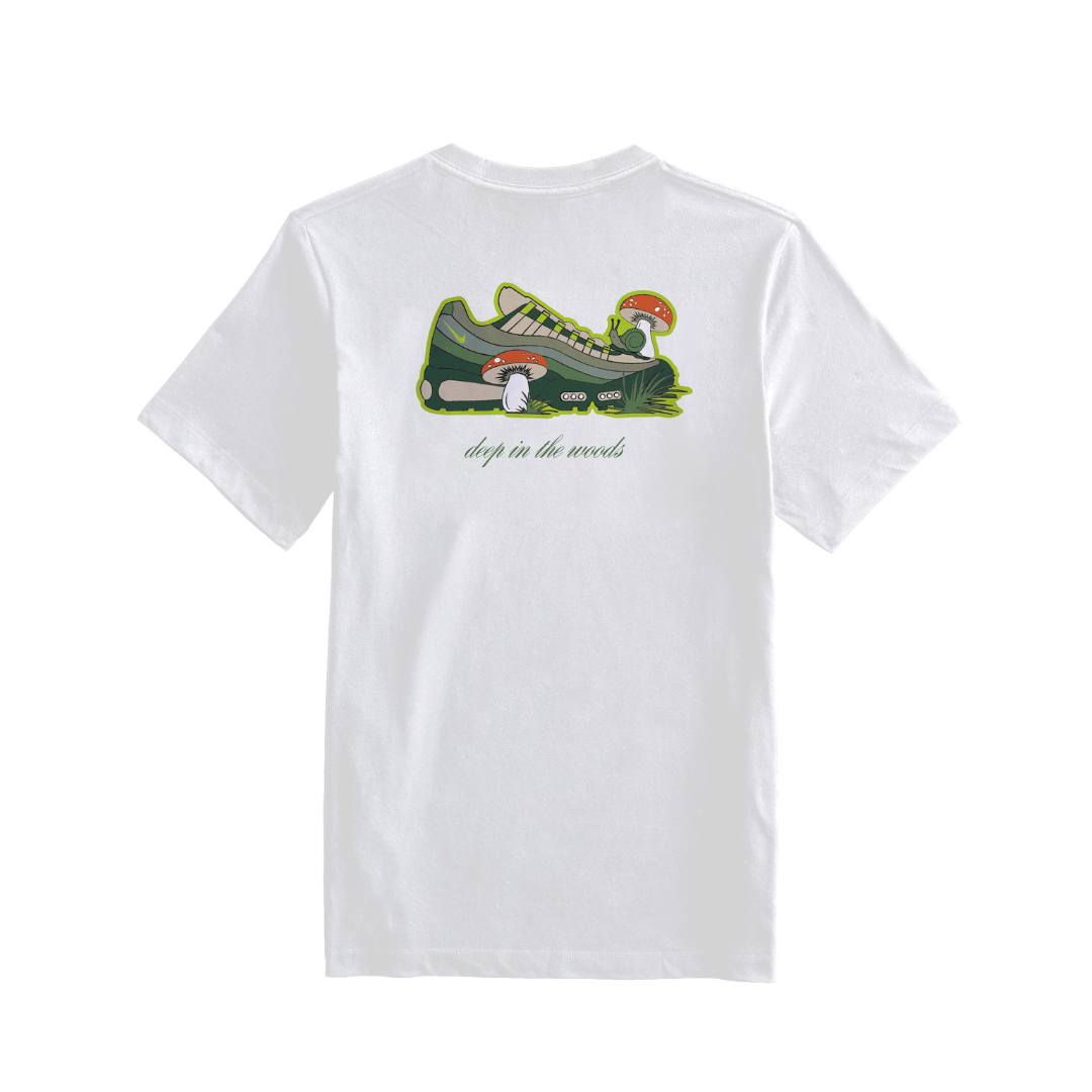 White DOAF t-shirt with a graphic of a shoe and text on the back, on a white background