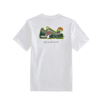 White DOAF t-shirt with a graphic of a shoe and text on the back, on a white background