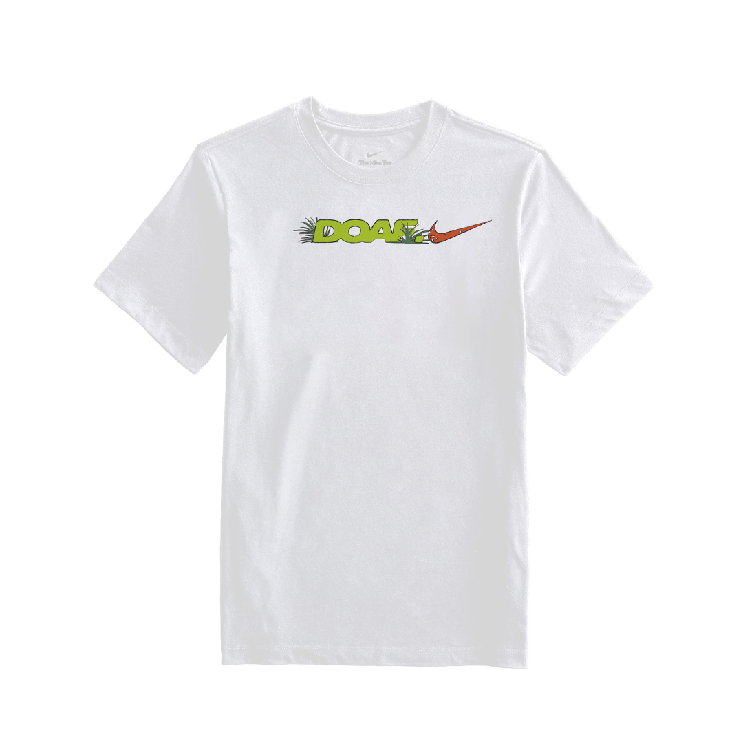 White t-shirt with a DOAF logo on a white background