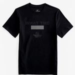 Black t-shirt with 'WHAT THE' text and Nike logo on a white background