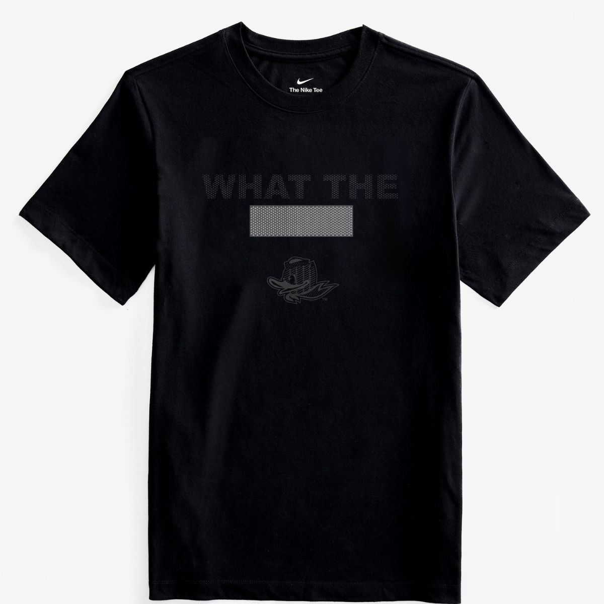Black t-shirt with 'WHAT THE' text and Nike logo on a white background
