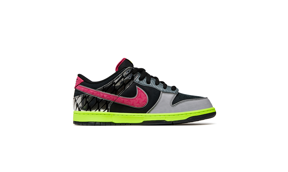 Sneaker with black, pink, and gray design on a white background. DOAF What The Duck Nike Dunk Low “Home”