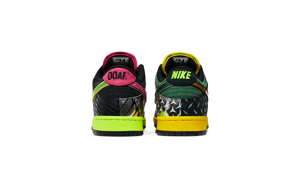 Back view of the DOAF “What The Duck” Nike Dunk Low “Home.” The colorful collage designs also pay homage to Oregon’s innovative use of textures, materials and stitching over the years. Incorporating reflective, metallic and neon elements that helped define Oregon’s distinct look on the field, the shoes both highlight the evolution of the Ducks' uniforms and celebrate the program’s continued impact on sports culture. 